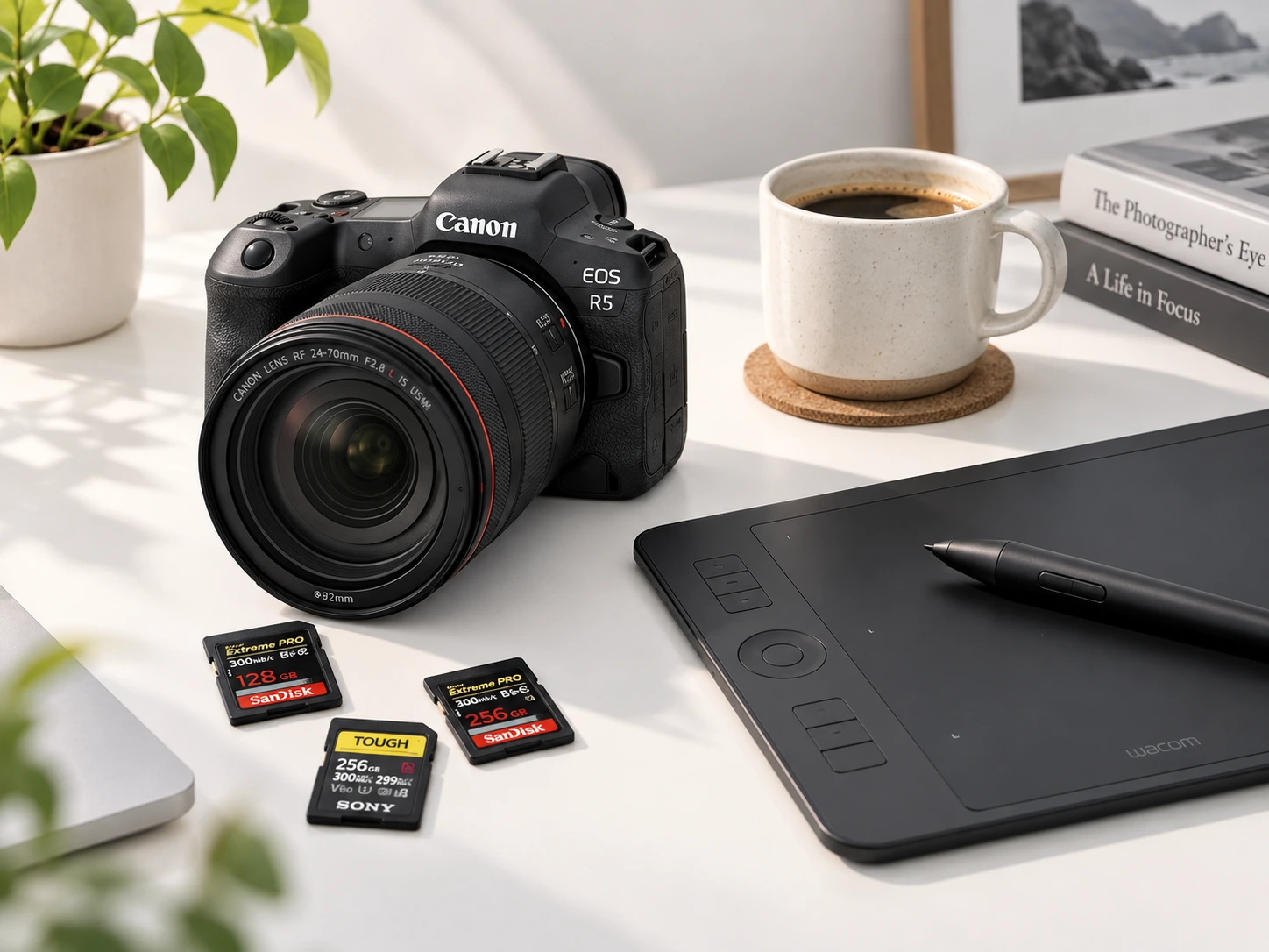 cámara Canon EOS R5 sobre mesa blanca con tarjetas de memoria, taza de café y tableta gráfica Wacom con pluma